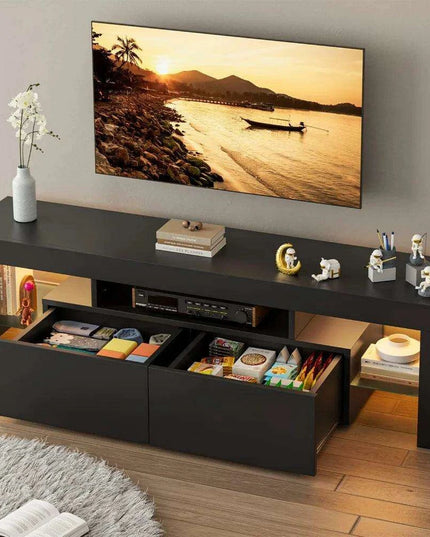 Sleek LED-Illuminated TV Stand with Glass Shelves and Storage, Fits TVs up to 70 Inches