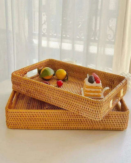 Artisan Woven Rattan Storage Tray for Fruits, Vegetables, and Tea