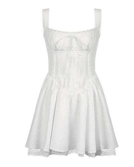 Stylish Vintage-Inspired White A-line Dress with Square Neckline - Sleeveless Summer Dress for Women, Ideal for Y2K Getaways