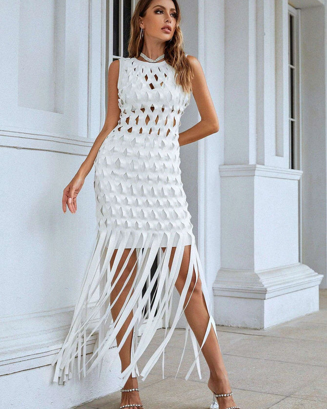 Chic White Tassel Bodycon Dress for Summer Soirees