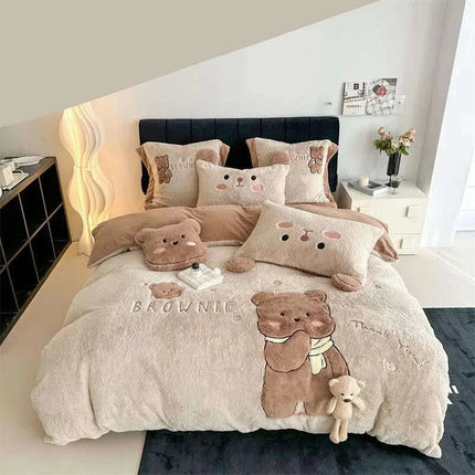 Charming Cartoon Bear Velvet Fleece Bedding Set for Kids - Duvet Cover, Sheet & Pillowcase in Various Sizes