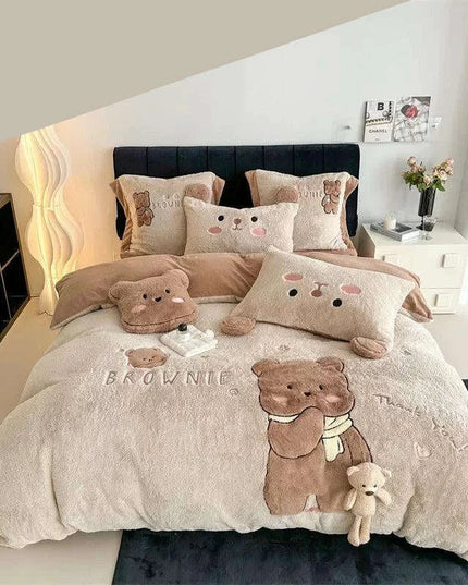 Charming Cartoon Bear Velvet Fleece Bedding Set for Kids - Duvet Cover, Sheet & Pillowcase in Various Sizes