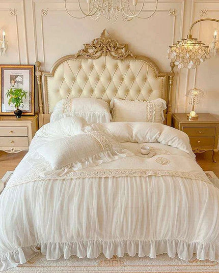 Luxury Velvet Fleece Princess Bedding Set with Elegant Lace Ruffles, Cozy Duvet Cover, Sheets, and Pillowcases
