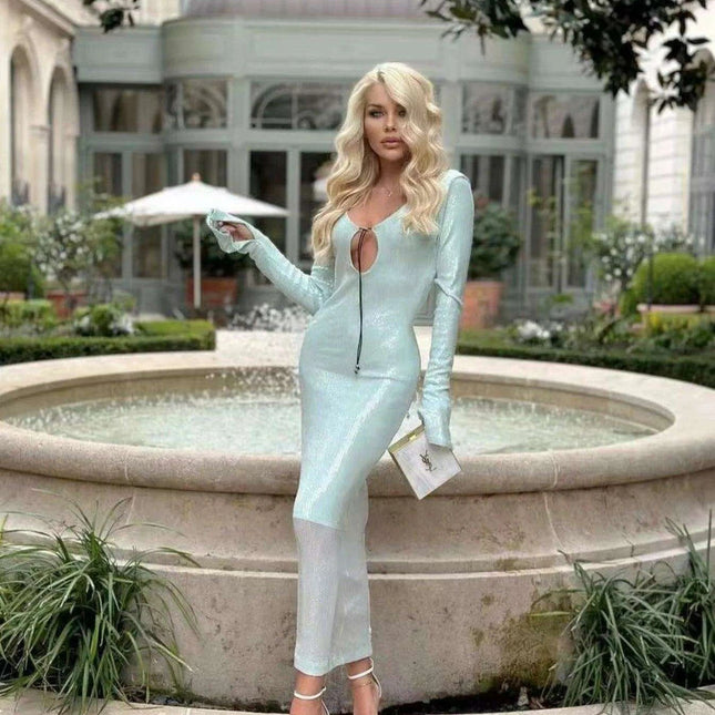 Sparkling Mint Green Long Sleeve Maxi Dress - Elegant Evening Gown for Women