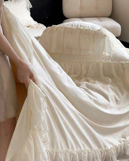 Luxurious Jacquard Lace and Chiffon Bedding Ensemble with Premium Egyptian Cotton - Beige Ruffled Duvet, Sheets, and Pillowcases