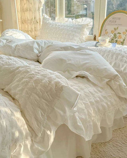 Luxe Korean Princess Lace Ruffle Bedding Ensemble with Duvet Cover, Bed Sheet, Skirt, and Pillowcases