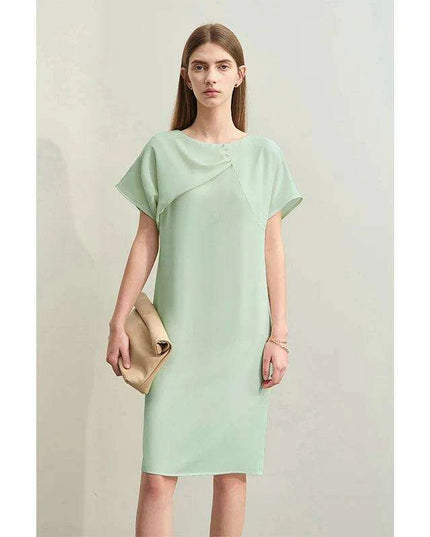 Asymmetrical Summer Chiffon Dress with Pleated Neckline and Breezy Short Sleeves