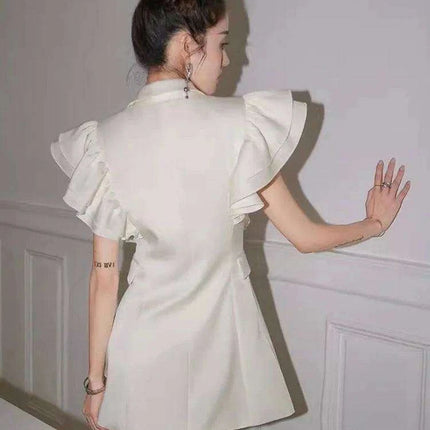 Notched Button Mini Dress with Ruffled Sleeves - Women's Summer Evening Wear