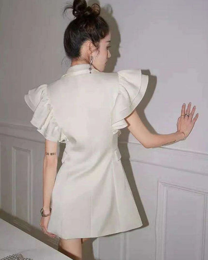 Notched Button Mini Dress with Ruffled Sleeves - Women's Summer Evening Wear