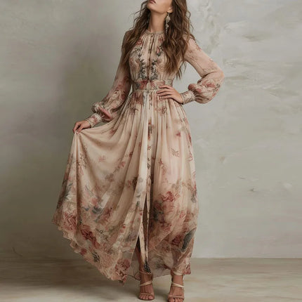 Vintage Floral Pleated Long Dress — High Waist, Long Sleeve, O-Neck