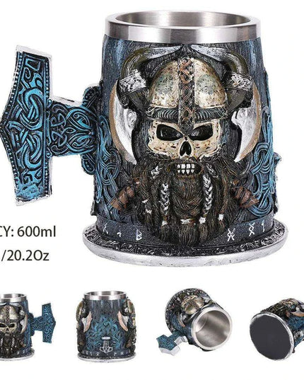 Skull Knight Tankard: Stainless Steel Resin Beer Stein - Viking Halloween Decor for Tea Pub