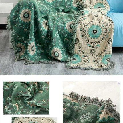 Reversible Jacquard Cotton Sofa Throw Blanket with Non-Slip Design