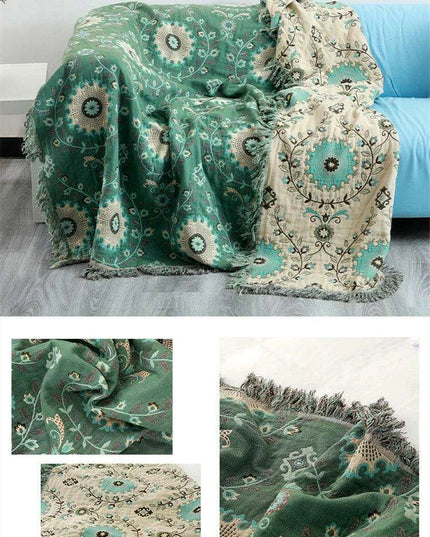 Reversible Jacquard Cotton Sofa Throw Blanket with Non-Slip Design
