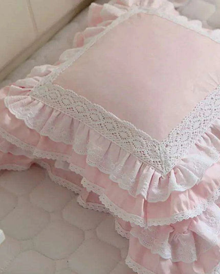 Charming Pink Satin Cushion Cover with Delicate Lace Detailing for Elegant Home Accents