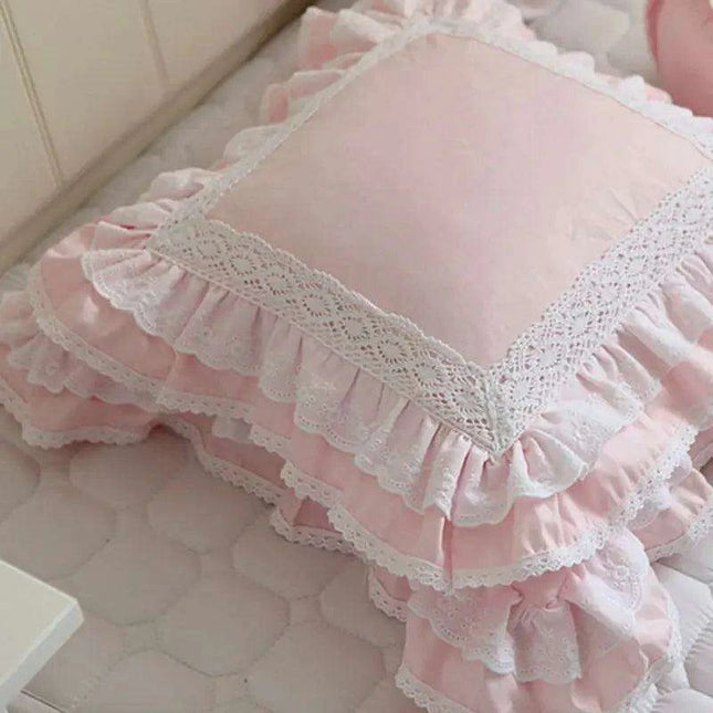 Charming Pink Satin Cushion Cover with Delicate Lace Detailing for Elegant Home Accents