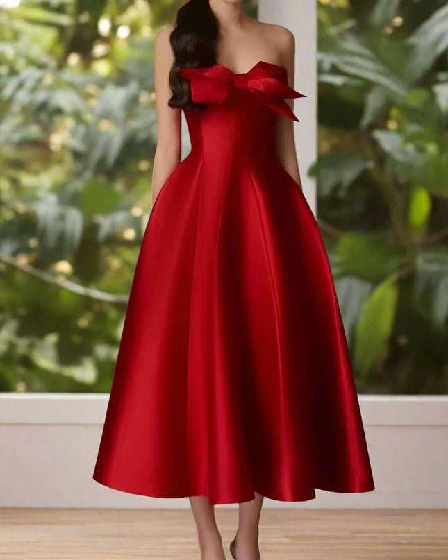 Bowknot A-Line Evening Dress with Slash Neck and Sleeveless Design for Women