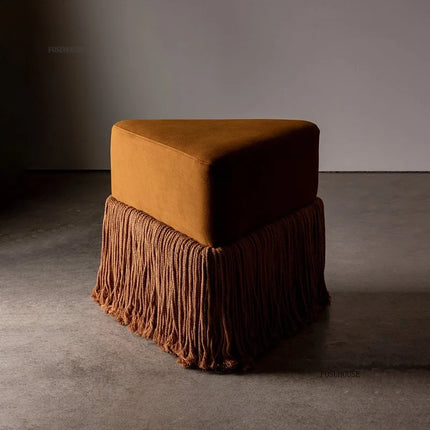 Velvet Ottoman Footstool — Upholstered Fringe Bench & Shoe Stool