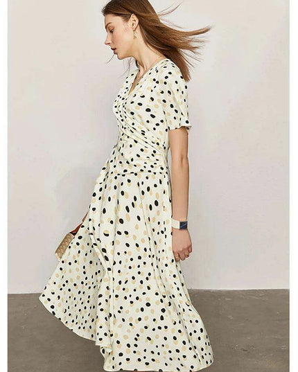 Elegant Chic Dot Print V-Neck Midi Dress for Women – Stylish Summer A-Line Chiffon Dress in White