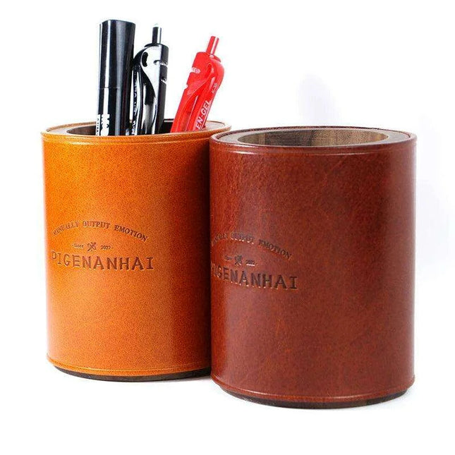 Chic Retro Leather and Walnut Writing Utensil Holder - Classic Elegance