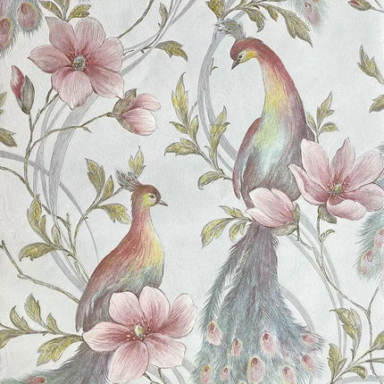 Peacock Feather & Floral Birds Wallpaper — Southeast Asian Mural, 53cm × 9.2m | Très Élite