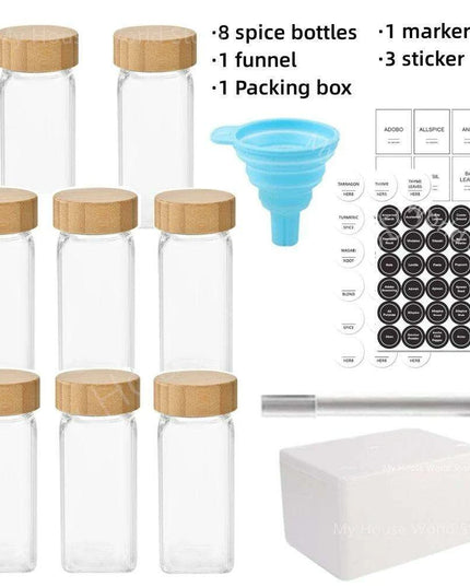 Glass Spice Jar Set with Bamboo Lids, Shaker Tops, Labels & Funnel - 4oz