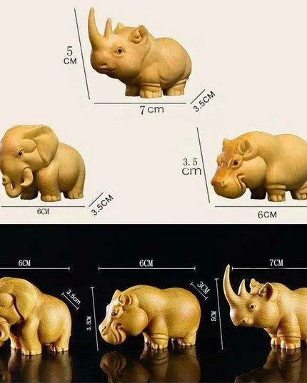 Handcrafted Wooden Wildlife Figurines: Distinctive Rhino, Hippo, and Elephant Decor for Home and Travel