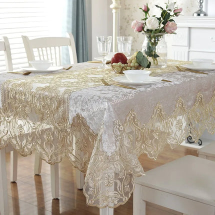 JD Heart Luxury Blue Golden Velvet Rectangle Tablecloth with Lace Trim