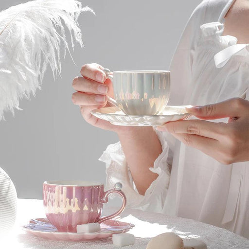 Elegant British Pearl Shell Ceramic Tea and Coffee Set with Petite Cup and Saucer for Tea Time