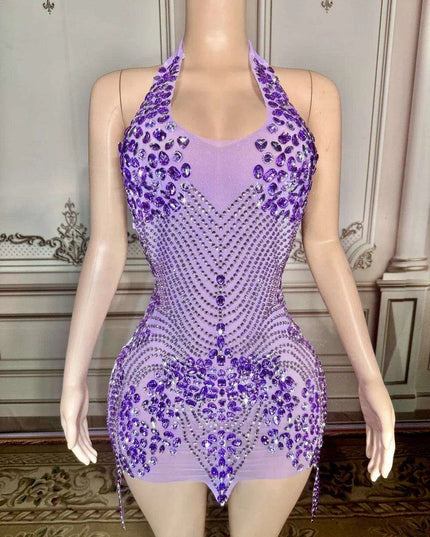 Radiant Rhinestone-Embellished Halter Neck Evening Gown with Opulent Mesh and Velvet Accents