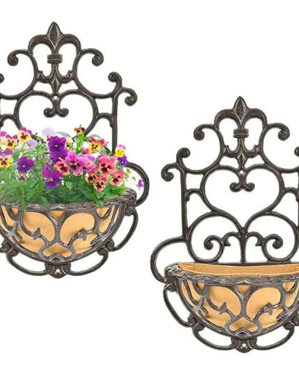 Antique-Style Brown Cast Iron Wall Planters - Set of 2