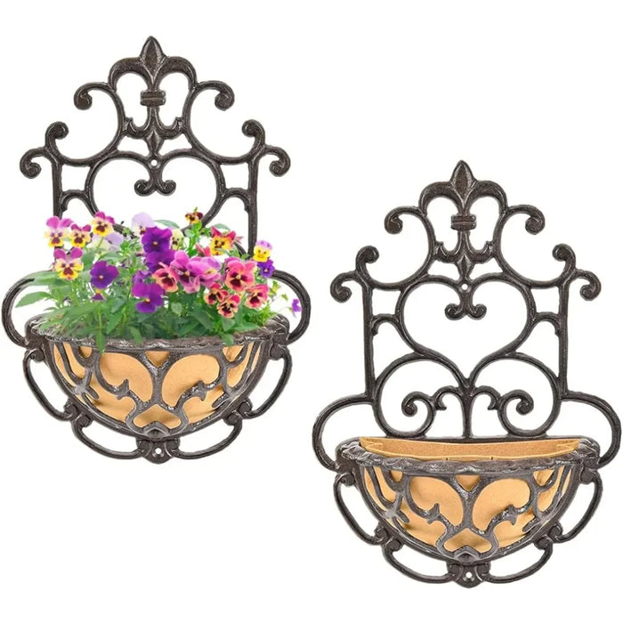 Vintage Cast Iron Wall Hanging Planter Baskets – Rustic Brown Finish, Set of 2