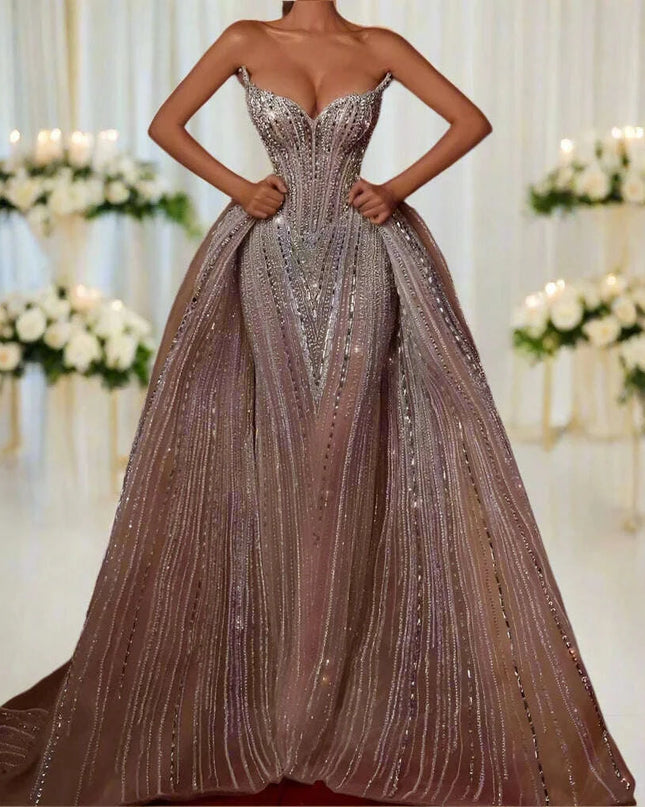 Elegant Strapless Bridal Gown with Detachable Train and Dazzling Embellishments