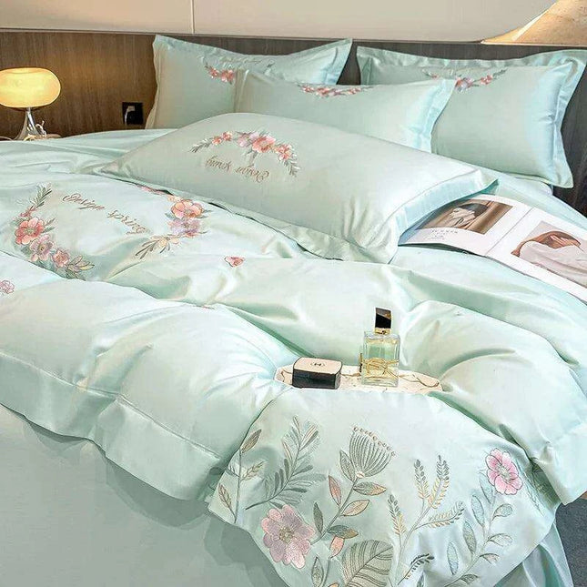 Elegant Floral Embroidered Egyptian Cotton Bedding Collection - Duvet Cover, Bed Sheet & Pillowcases in Soft Pastels