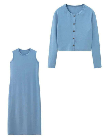 Fall Women's Cardigan and Maxi Dress Ensemble with Sleeveless Top Set of 2