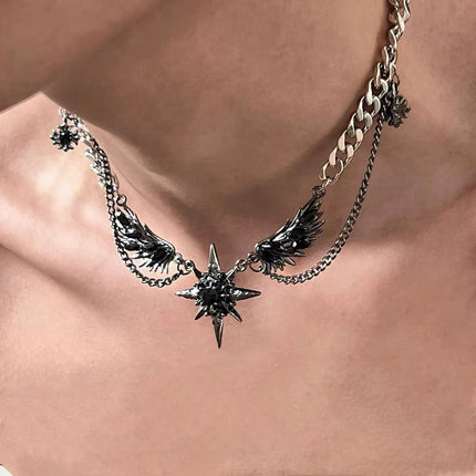 Gothic Reliquary Men's Wing Design Stainless Steel Necklace with Zirco