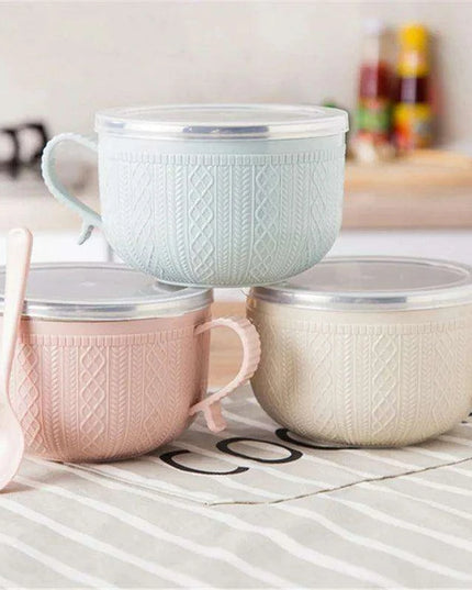 Premium Insulated Stainless Steel Ramen Bowl Set with Lid and Spoon - Large Double-layer Design for Instant Noodles