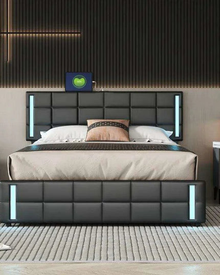 Luxurious Queen Bed with Smart LED Lighting, USB Charging, and Spacious Storage Options