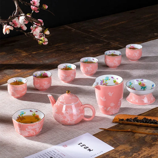 Hand Painted Jade Porcelain Ceramic Tea Set with Travel Bag