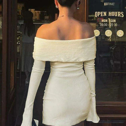 Seductive Off-Shoulder Ribbed Bodycon Mini Dress with Elegant Flare Sleeves and Chic Backless Design