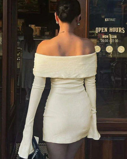Seductive Off-Shoulder Ribbed Bodycon Mini Dress with Elegant Flare Sleeves and Chic Backless Design
