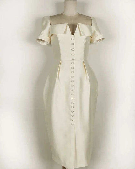 Square Neck Button-Front Short Sleeve Dress