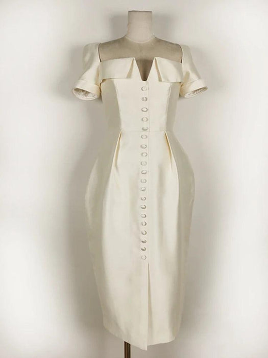 Square Neck Button-Front Short Sleeve Dress