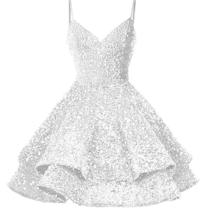 Sparkling Tiered Sequin Spaghetti Strap Short Cocktail Dress for Young Women