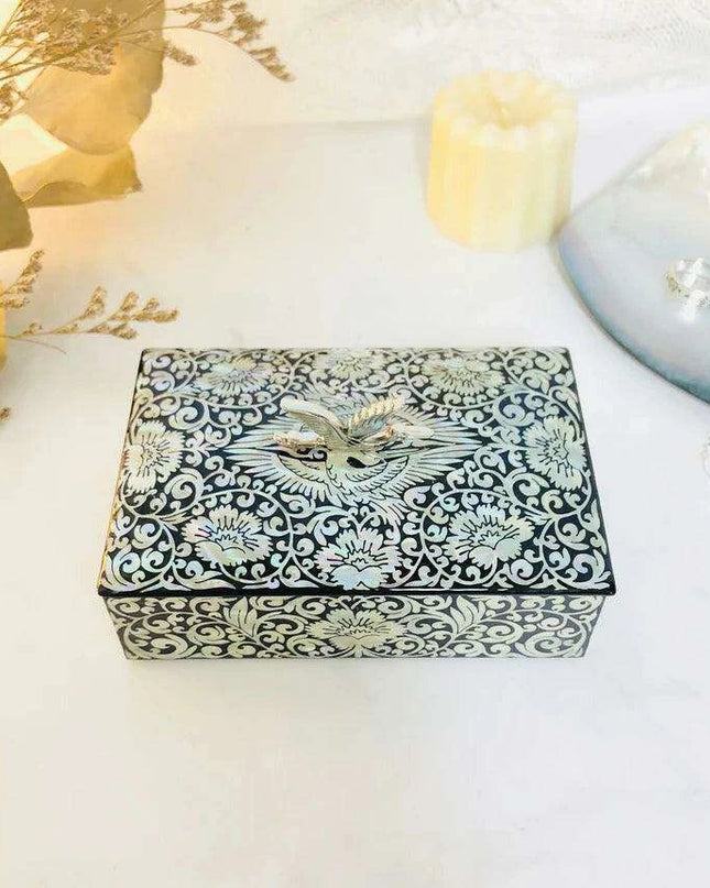 Artisan Mother of Pearl Crane Keepsake Box with Wooden Accents