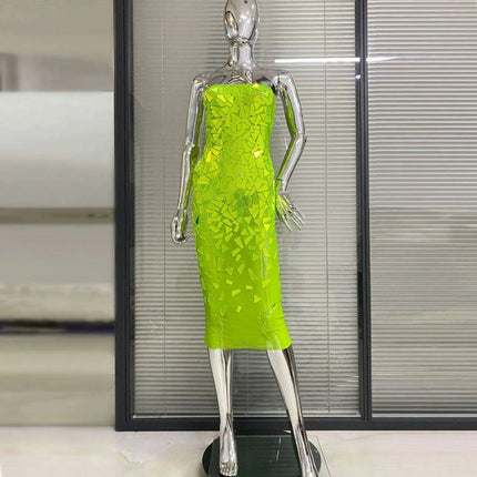 Fluorescent Green Sequin Triangle Midi Bodycon Gown