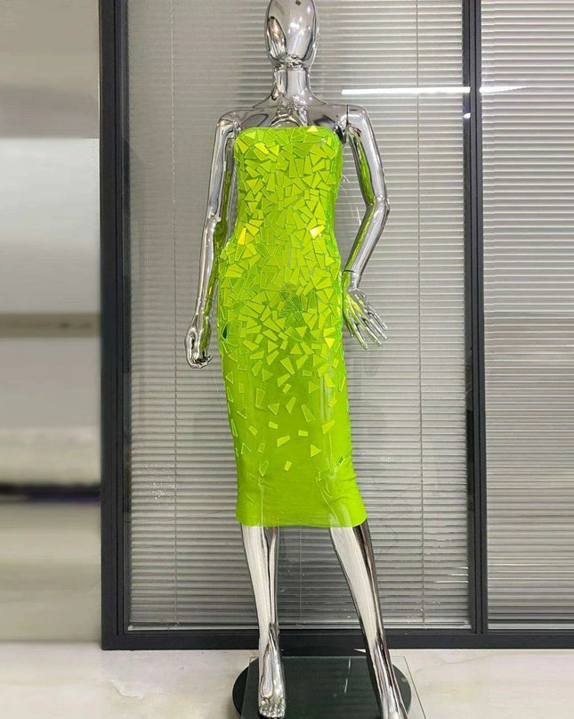 Fluorescent Green Sequin Triangle Midi Bodycon Gown