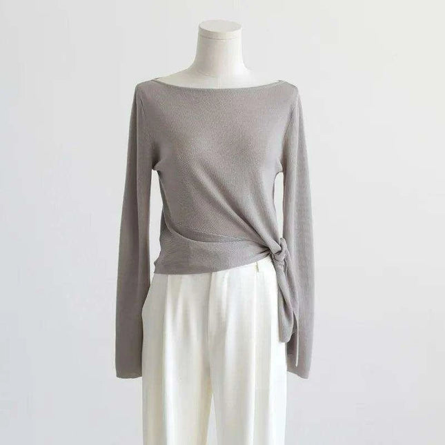 Elegant Asymmetric Long Sleeve Sky Silk Top for Women - Perfect for Spring and Summer