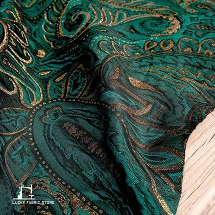 Green Cashew Flower Jacquard Fabric | Ethnic Pattern