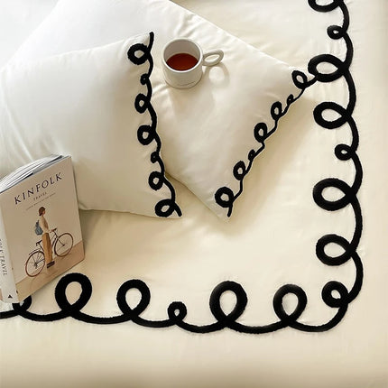 600TC Egyptian Cotton Bedding Set — White with Black Embroidery, 4-Piece Luxury