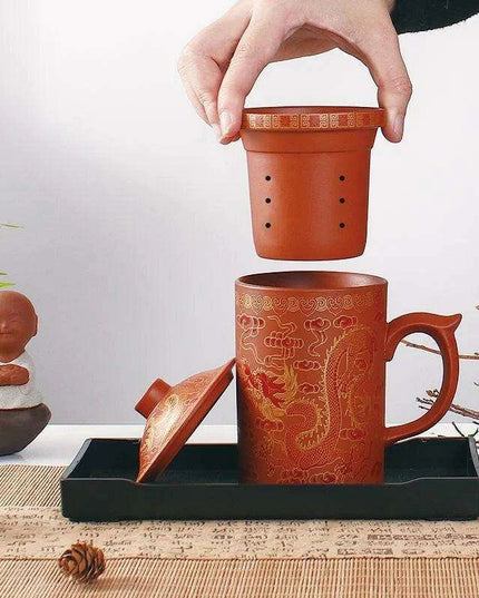 Handcrafted Dragon Design Purple Clay Tea Mug Set with Infuser and Lid